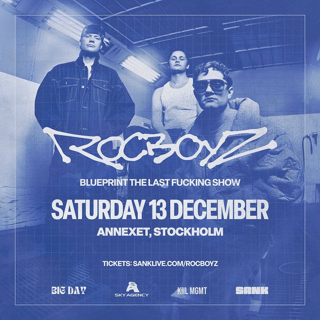 Blue-toned concert poster for Rocboyz: “Blueprint – The Last Fucking Show.” Saturday 13 December, Annexet, Stockholm. Three members pose; grid overlay; logos for Big Day, Sky Agency, Kill MGMT, SANK; tickets at sanklive.com/rocboyz.