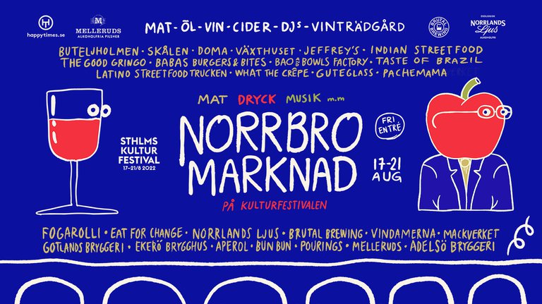 En blå affisch med ett rödvinsglas. Med vit text står namnen på många av aktörerna och dryckesproducenterna som deltar i festivalen.