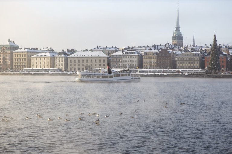 en båt med Gamla stan i bakgrunden