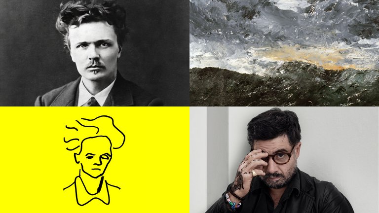 Bilder på Strindberg och Youssef. En målning som föreställer havet och en teckning som föreställer Strindberg.