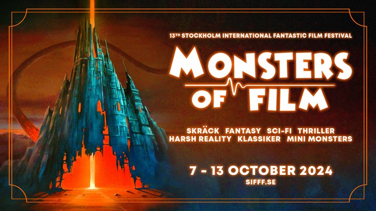 Poster för filmfestivalen Monsters of Film 2024. Postern föreställer en kuslig borg mot en mörkorange himmel.