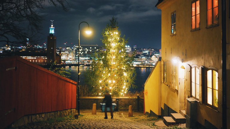 En skinande julgran kvällstid står vid utsiktsvägen Monteliusvägen på Södermalm i Stockholm